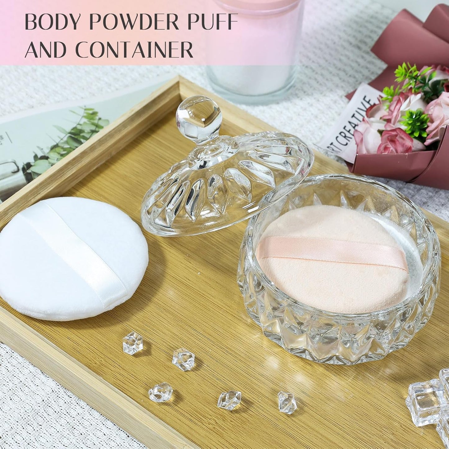 Body Powder Puff and Container, Crystal Dusting Powder Container with Puffs, Ridged-Lid Body Powder Jar with 2 Washable Reusable Soft Powder Puffs (Large Size)-GlimoraGlow