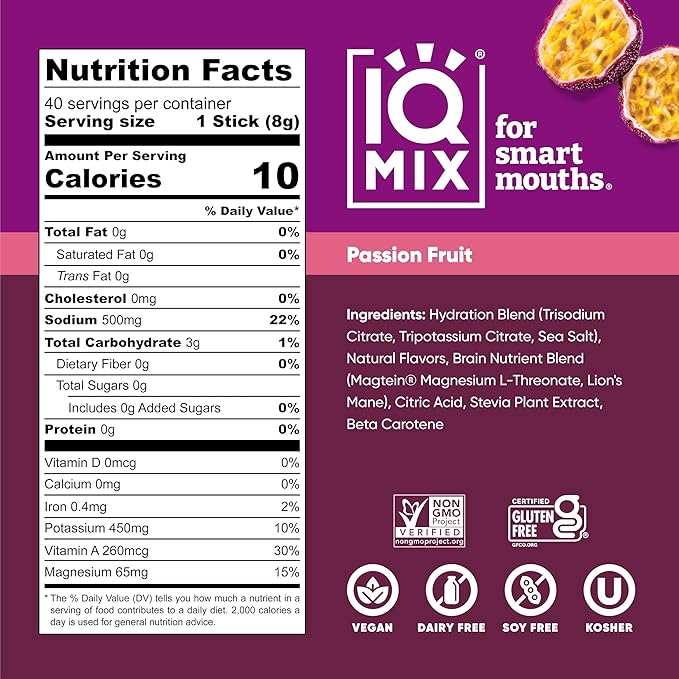 IQMIX Hydration Electrolyte Powder – 4-in-1 Formula for Hydration, Mental Clarity, Mood and Recovery – Sugar-Free Drink Mix, Keto, Magnesium L-Threonate, Lion’s Mane – 40 Count Passion Fruit-GlimoraGlow