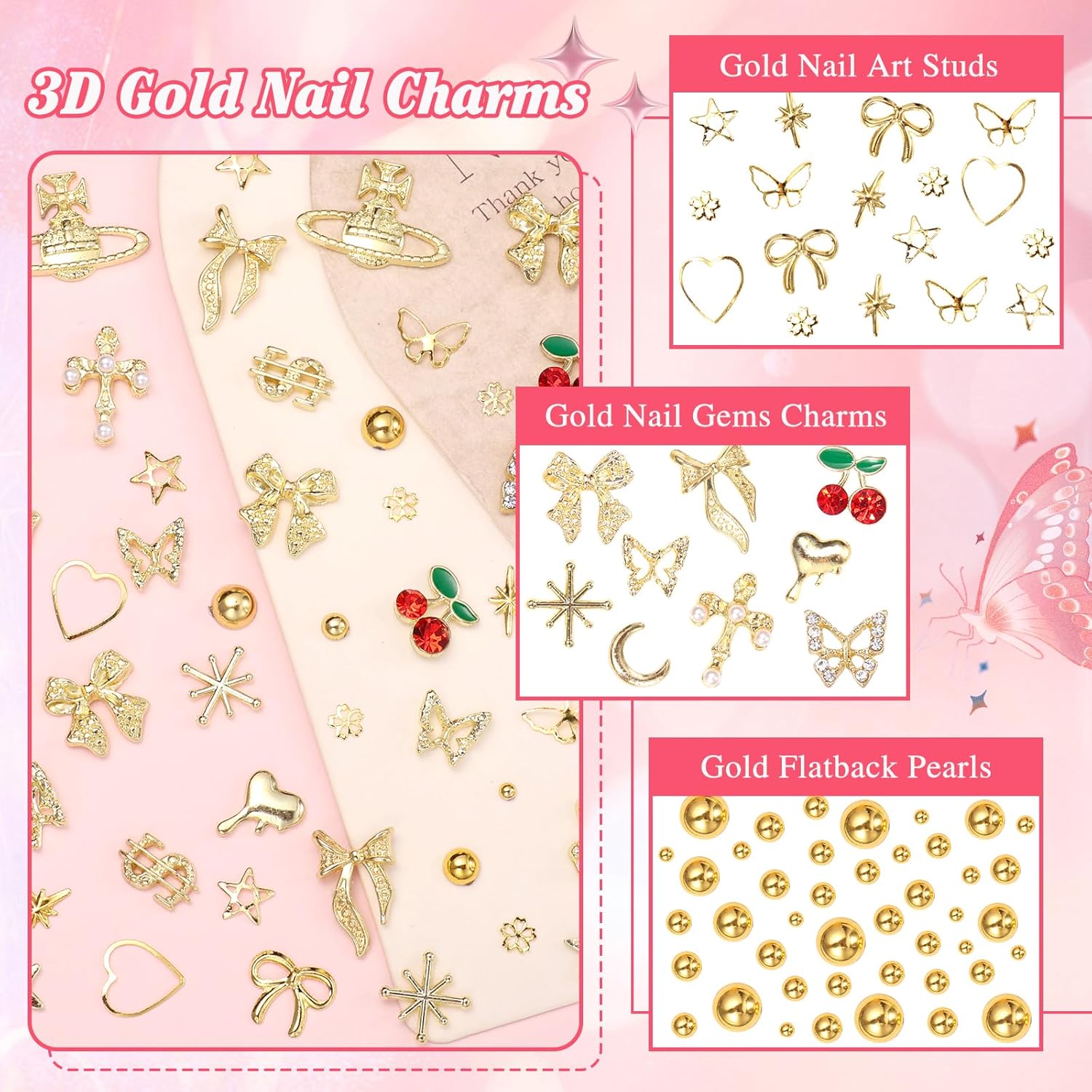 2 Boxes Alloy Gold Nail Charms, 3D Butterfly Star Cherry Nails Gems Charms, Mixed Shapes Golden Bows Heart Star Nail Studs Gold Flatback Pearls Beads for Nails Art Design DIY Accessories-GlimoraGlow