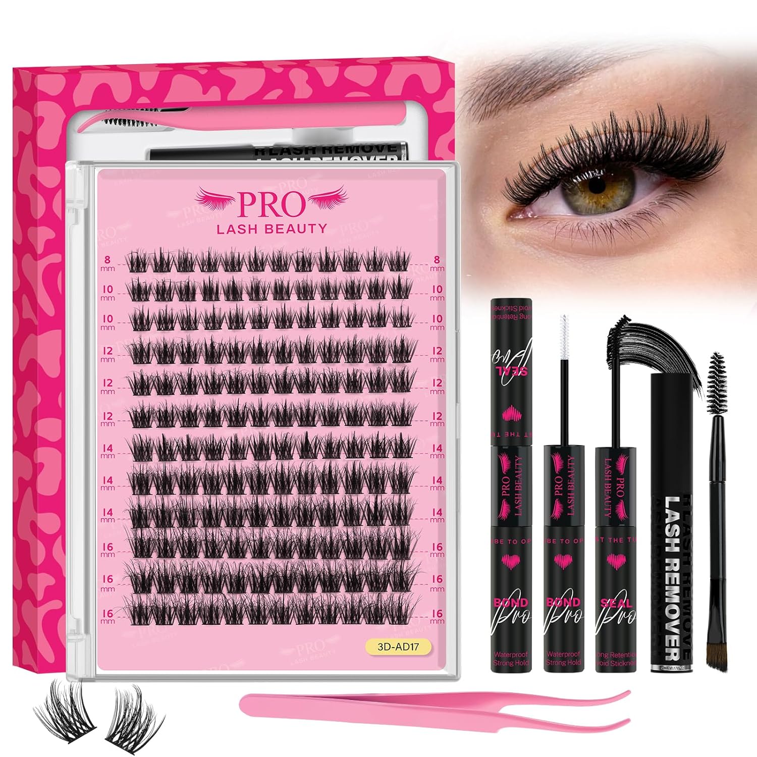 PROLASHBEAUTY Lash Clusters Kit 3D Volume Plushy Eyelash Clusters Kit Ultra Thin Band Soft Clusters Lashes Kit with Waterproof Lash Bond and Seal Remover (Attraction-3D, 8-16mix)-GlimoraGlow