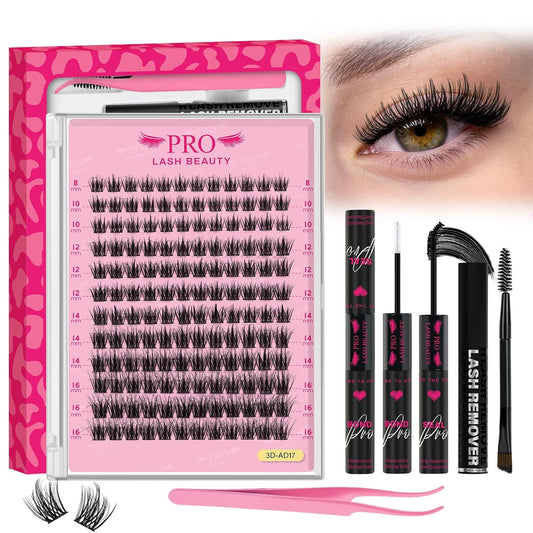PROLASHBEAUTY Lash Clusters Kit 3D Volume Plushy Eyelash Clusters Kit Ultra Thin Band Soft Clusters Lashes Kit with Waterproof Lash Bond and Seal Remover (Attraction-3D, 8-16mix)-GlimoraGlow