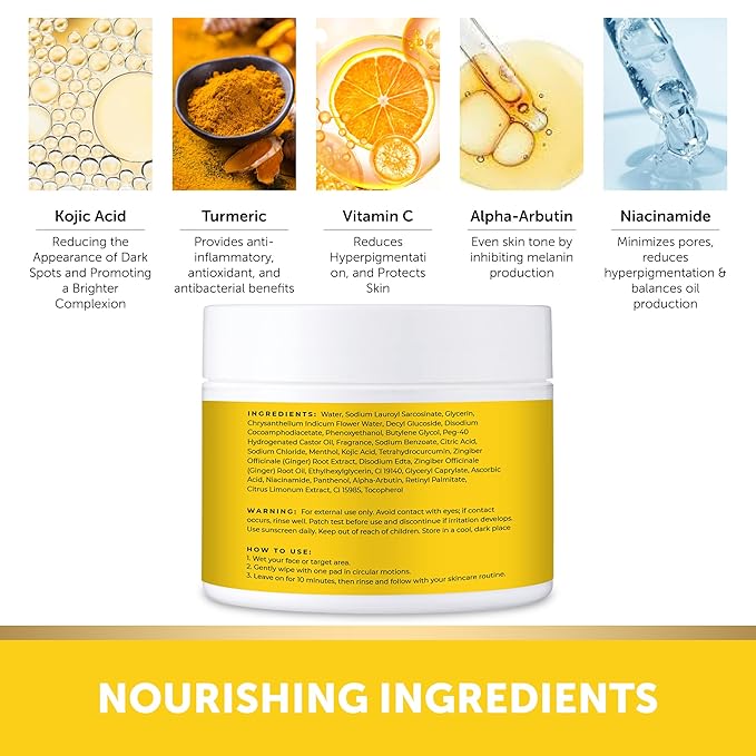 VALITIC Turmeric Kojic Acid Cleansing Pads - Exfoliating Dark Spot Remover for Face with Vitamin C, Alpha Arbutin, Niacinamide and Retinol - Kojic Acid And Turmeric Cleansing Pads - 60 Units-GlimoraGlow