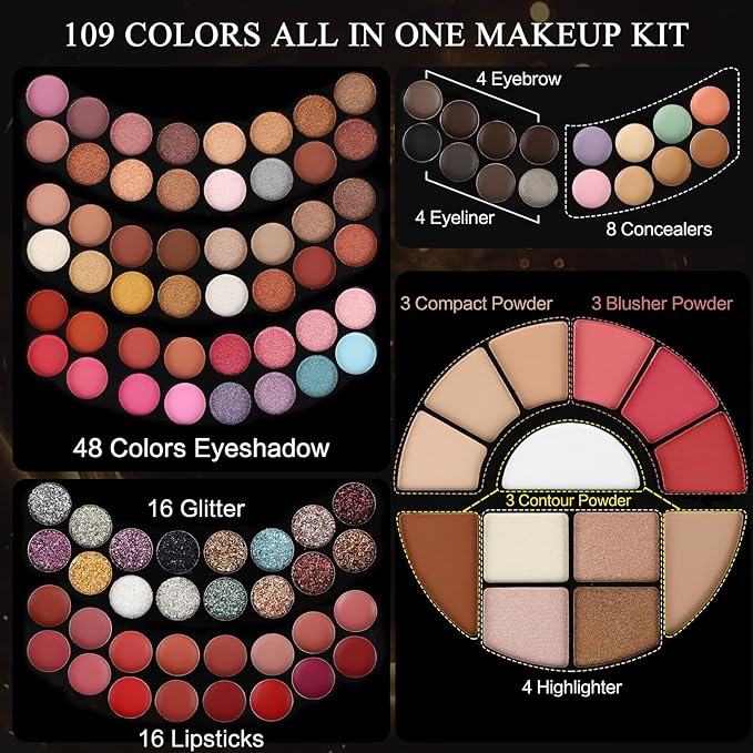 109 Colors Makeup Kit for Women Girl Full Kit Gift Set with Mirror All in One Make up Palette Included Eyeshadow Glitter Lipstick Concealer Eyeliner Eyebrow Highlighter Contour Blusher Compact PowderY-GlimoraGlow