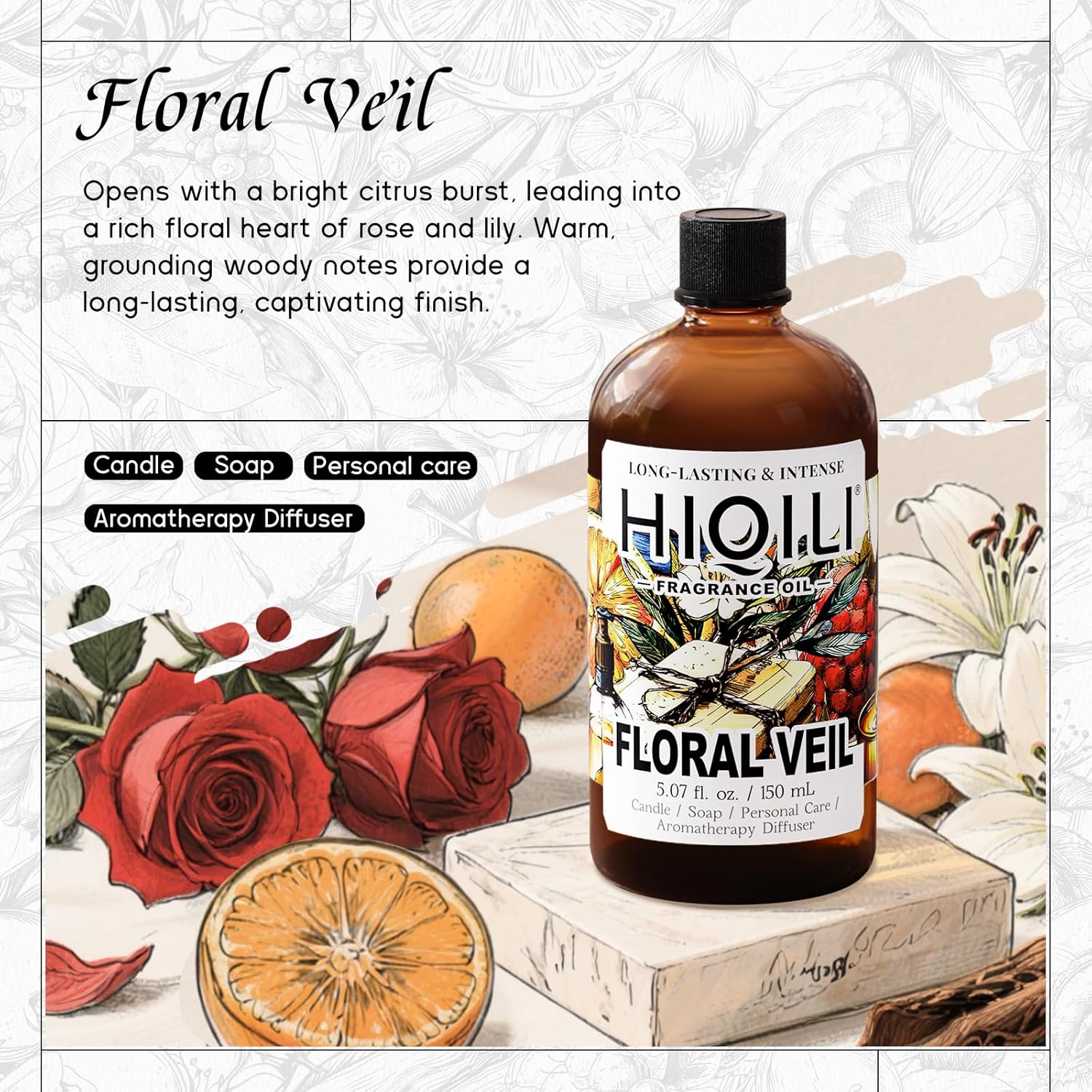 HIQILI Floral Veil Fragrance Oil for Candle & Soap Making, Inspired by ISY-Myake L.d'Isy-Florale, Humidifier, Add to Scented Sachets, Reed Diffuser Oil Refill - 5.07 Fl Oz-GlimoraGlow