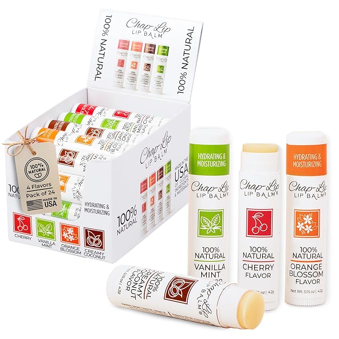 100% Natural Lip Balm Set - Hydrating and Moisturizing Beeswax Natural 4 Flavor Assortment - Lip Moisturizer for Dry Lips - Cocoa Butter - Petroleum Free Pack of 24-GlimoraGlow