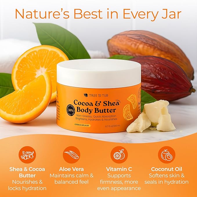 Tree to Tub Shea Body Butter for Dry, Extremely Dry, Sensitive Skin - Moisturizing Body Cream for Women & Men, Hydrating Body Lotion Moisturizer w/Vitamin C, Organic Cocoa, Citrus Scent-GlimoraGlow