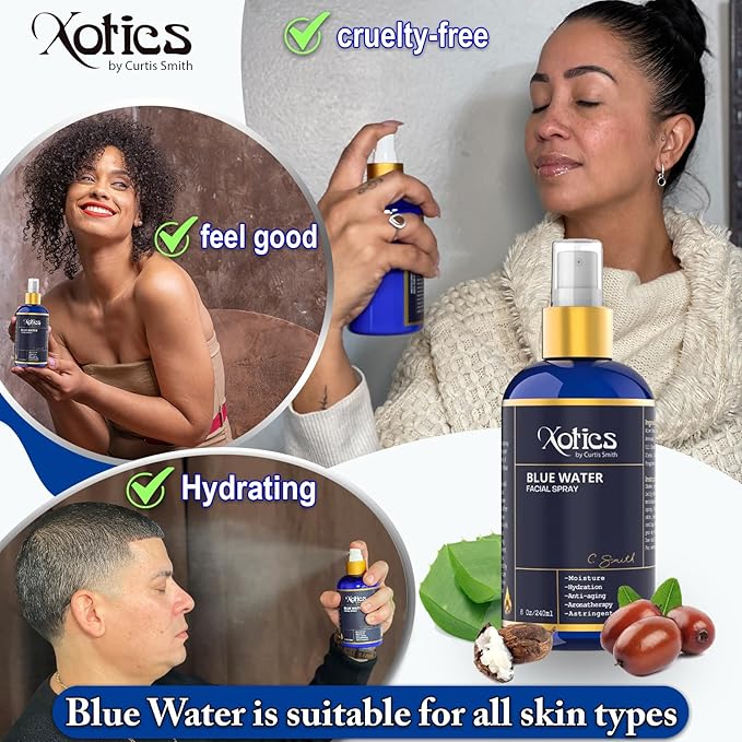 Xotics Blue Water Facial Spray - 8oz - Hydrating Face Mist with Aloe Vera - Refreshing Toner for Men & Women, Aftershave, Daily Moisturizing Splash for All Skin Types-GlimoraGlow