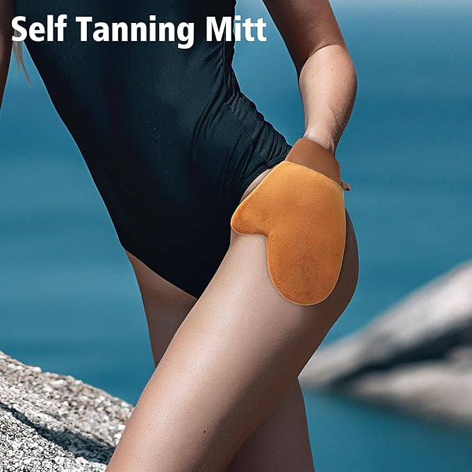 Self Tanning Brushes- Blend & Blur Extra Large Body Makeup Brush & Tanning Mitt, 2 Pcs, Kabuki Body Brush Applicator for Tan, Foundation, Self Tanner Glove for Application, Mousse, Lotion (Rose Gold)-GlimoraGlow