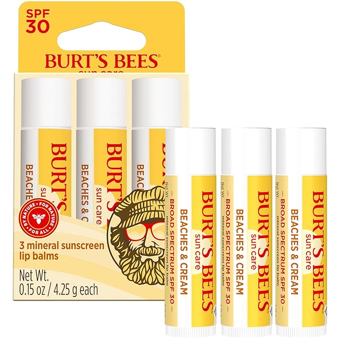 Burt’s Bees SPF 30 Lip Balm Mothers Day Gifts for Mom, Beaches and Cream, Water-Resistant Sun Care, Nano-Free Zinc Oxide Formula, Natural Origin Conditioning Lip Treatment, 3 Tubes, 0.15 oz.-GlimoraGlow