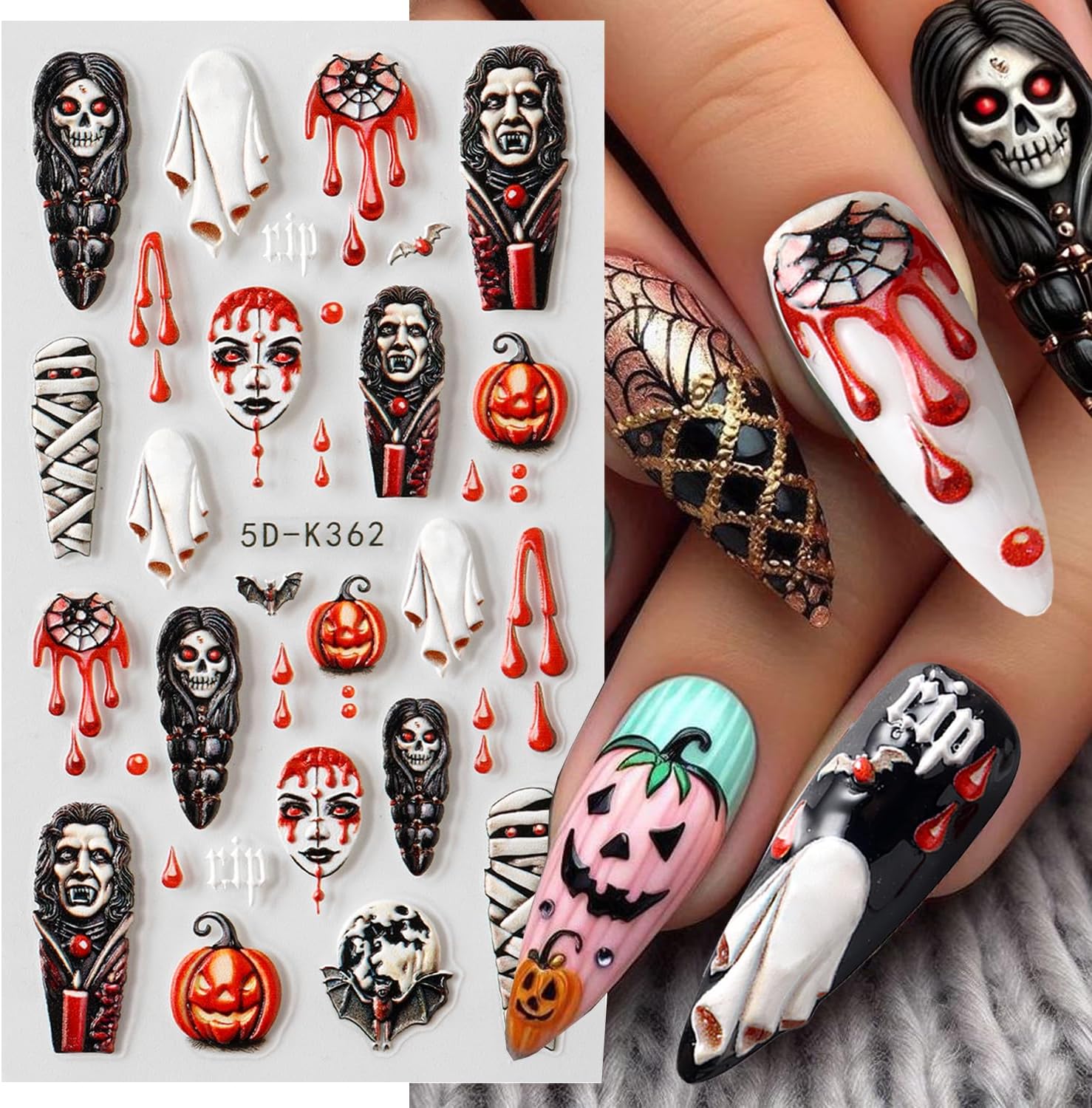 2 Sheets Halloween Nail Art Stickers 5D Embossed Horror Ghost Nail Stickers Big Red Lips Pumpkin Devil's Flame Eye Bat Design Terror Spider Mummy Nail Decals for Women Acrylic DIY Nail Decorations-GlimoraGlow