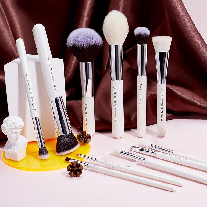 Jessup Brand 25pcs Professional Makeup Brush Set Beauty Cosmetic Foundation Powder Blusher Eyeshadow Blending Highlight Concealer Natural-Synthetic Hair Brushes Set (Pearl White/Silver)-GlimoraGlow