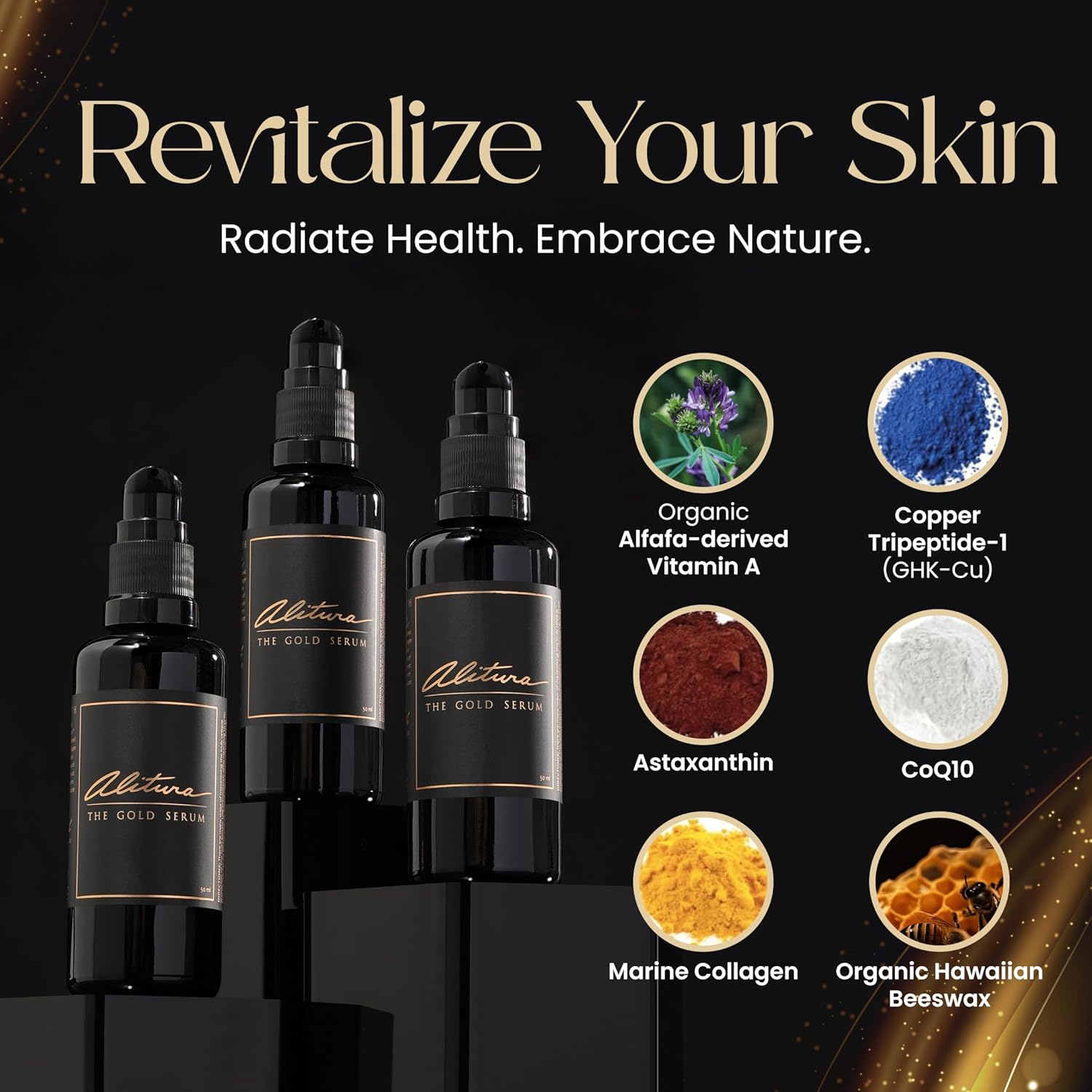 Alitura Anti-Aging Peptide & Collagen Gold Serum for Face – with Vitamin A, CoQ10 & Astaxanthin – Korean-Inspired Hydrating Serum for Wrinkles, Radiance & Firmness – 100ml-GlimoraGlow