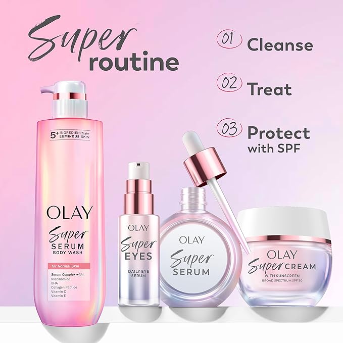 Olay Super Serum - Niacinamide, Vitamin C & E, Collagen Peptide, AHA - 5-in-1 Skin Care Benefits for Face - Healthy Glow, Brightening, Hydrating, Smoothing, Firming, Evens Tone, Anti-Aging, 1.0 Oz-GlimoraGlow