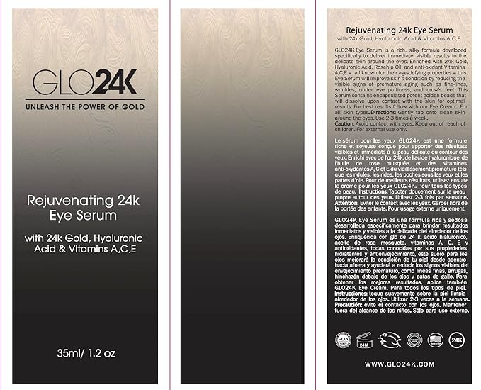 GLO24K Eye Serum with 24k Gold, Hyaluronic Acid, and Vitamins A,C,E. Potent Formula for the delicate skin around the eyes.-GlimoraGlow