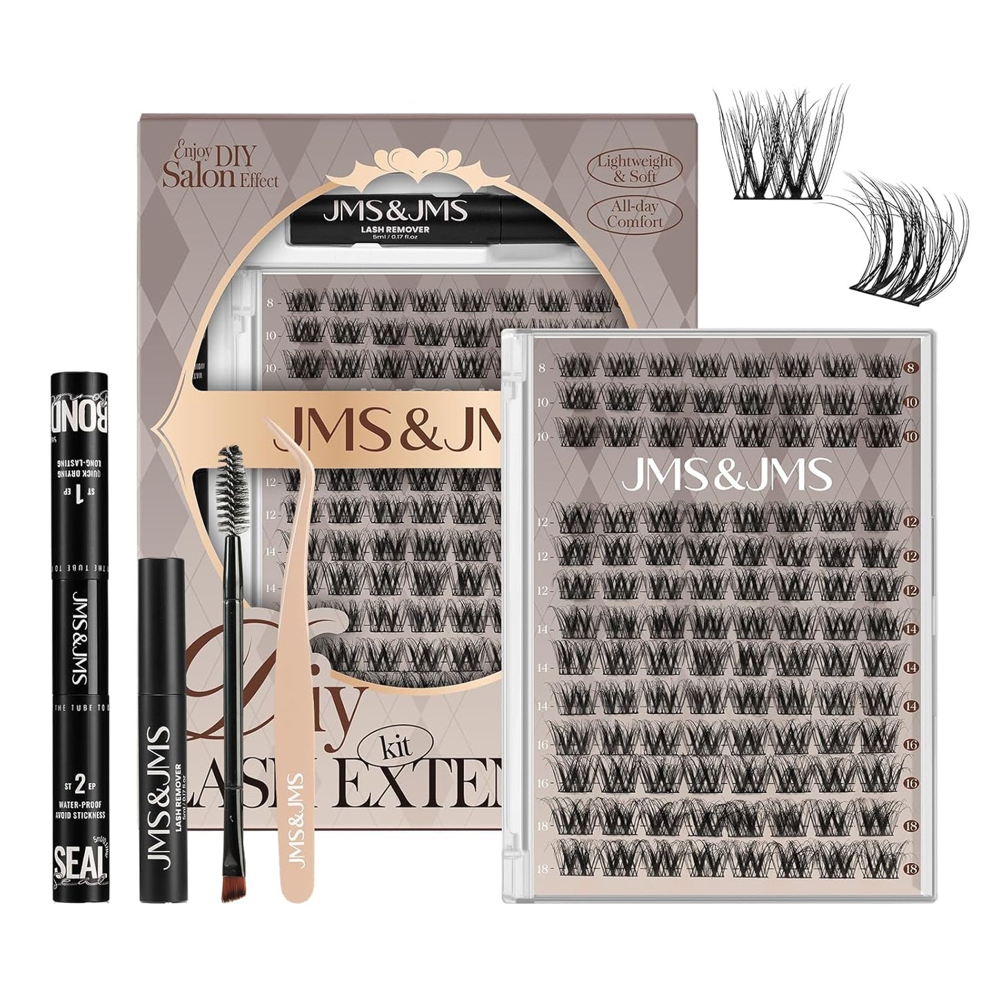 JMS&JMS Lash Clusters Kit Lash Extension Kit with Lash Bond and Seal Eyelash Applictor Lash Remover Eyelash Brush Lash Extension Kit for Beginner (3D BABY SOFIA-8-18mix)-GlimoraGlow