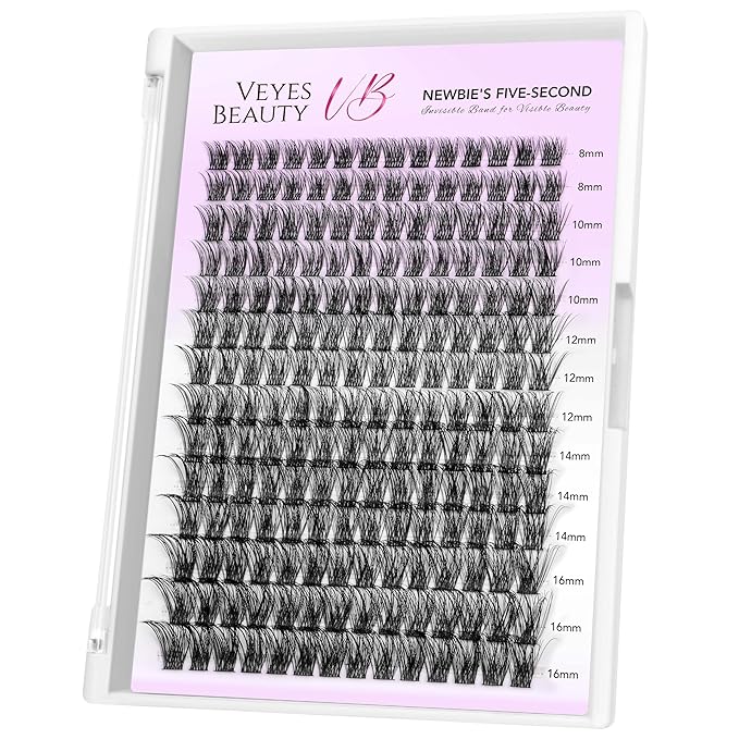 VEYESBEAUTY Lash Clusters Individual Eyelash Extensions Thin & Invisible Band DIY False Eyelashes for Self-application Newbie's Five-Second Series Wispy Lash Tray, Boldeye 8-16mm Mixed Length-GlimoraGlow