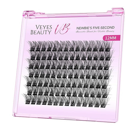 VEYESBEAUTY Lash Clusters Individual Eyelash Extensions Thin & Invisible Band DIY False Eyelashes for Self-application Newbie's Five-Second Series Wispy Lash Tray, Boldeye 12mm Single Length-GlimoraGlow