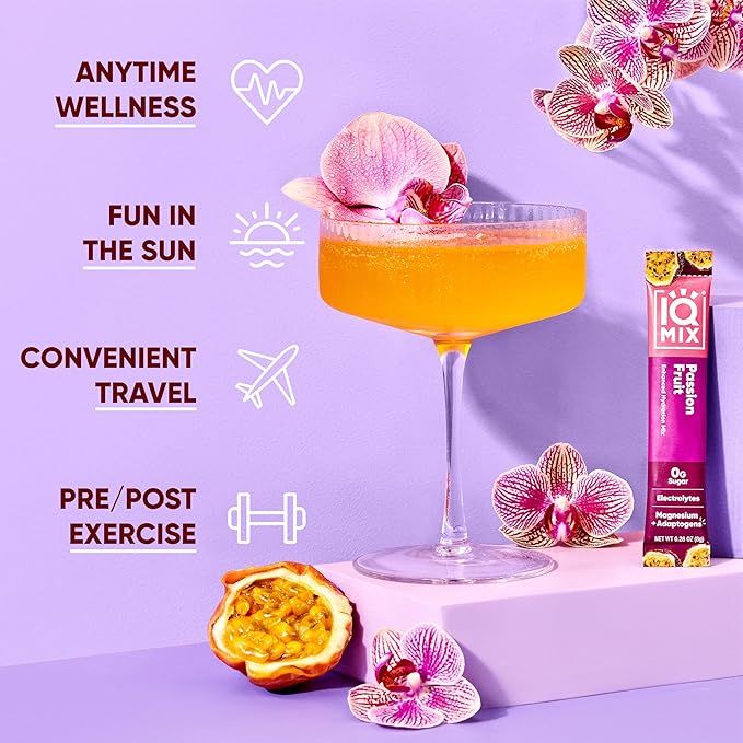 IQMIX Hydration Electrolyte Powder – 4-in-1 Formula for Hydration, Mental Clarity, Mood and Recovery – Sugar-Free Drink Mix, Keto, Magnesium L-Threonate, Lion’s Mane – 40 Count Passion Fruit-GlimoraGlow