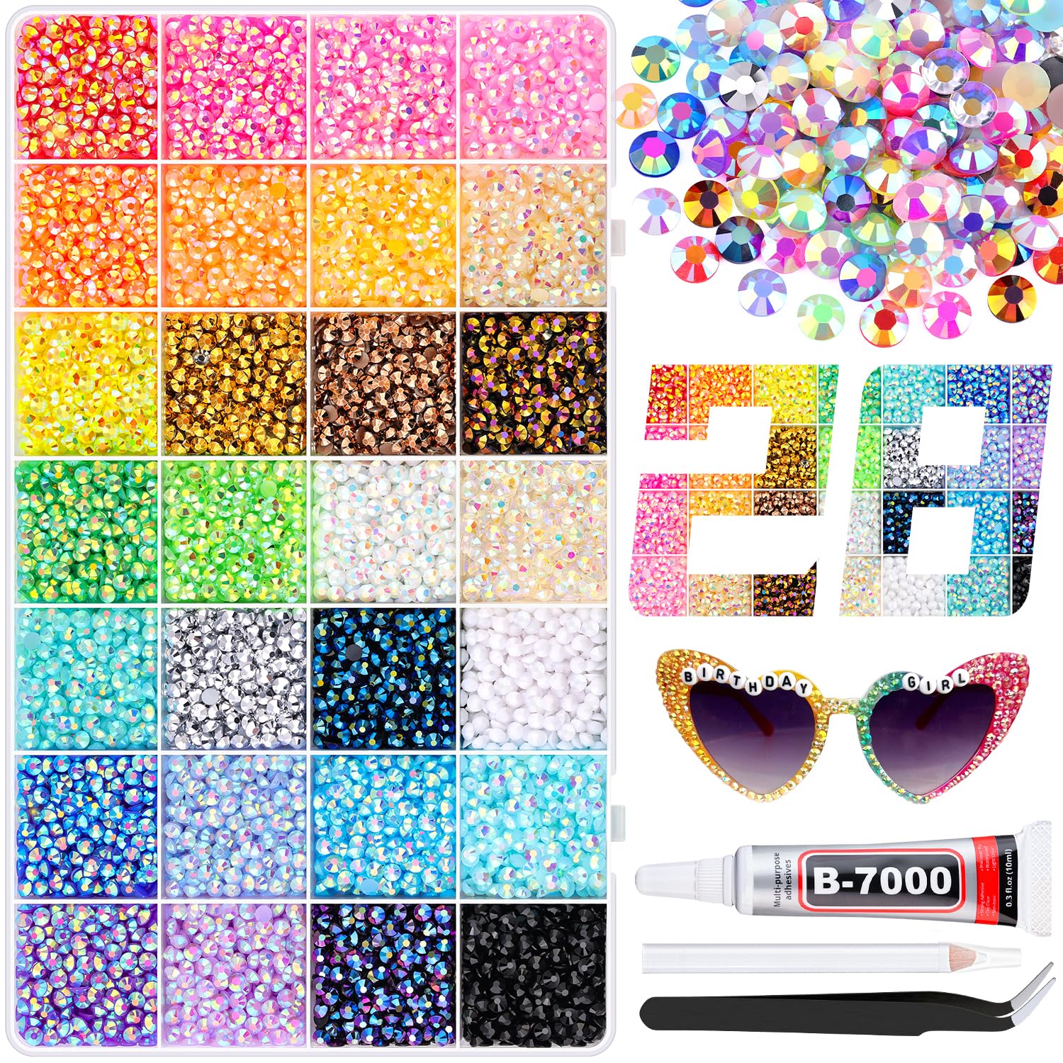 13000Pcs Resin Rhinestones with B7000 Jewelry Glue for Crafting, Multicolors 4mm Non Hotfix Flatback Gems, Bedazzling Crystal for DIY Crafts Clothing Tumblers Mugs Shoes Fabric Decor Nail Art-GlimoraGlow