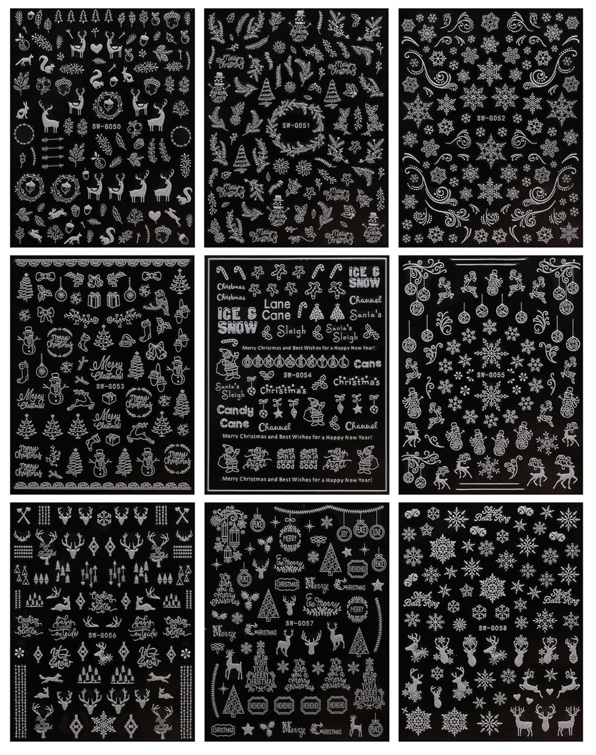 JMEOWIO 9 Sheets Christmas Glitter Nail Art Stickers Decals Self-Adhesive Snowflake Winter Holiday White Nail Supplies Nail Art Design Decoration Accessories-GlimoraGlow