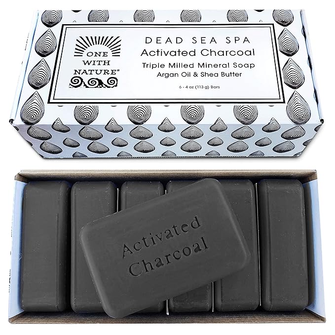 One With Nature Activated Charcoal Soap 4oz 6-Pack Gift Box – Detoxifying and Exfoliating Charcoal Soap Bar with Dead Sea Salt for Face & Body, for Men & Women-GlimoraGlow