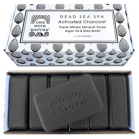 One With Nature Activated Charcoal Soap 4oz 6-Pack Gift Box – Detoxifying and Exfoliating Charcoal Soap Bar with Dead Sea Salt for Face & Body, for Men & Women-GlimoraGlow