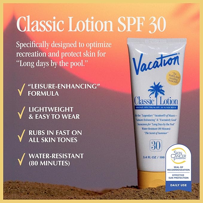 Vacation Classic Sunscreen Lotion SPF 30 & Air Freshener Bundle, Water-Resistant, Lightweight, Transparent on All Skin Tones, Dermatologist-Tested, Vegan, Travel Size, 3.4 Fl. Oz.-GlimoraGlow