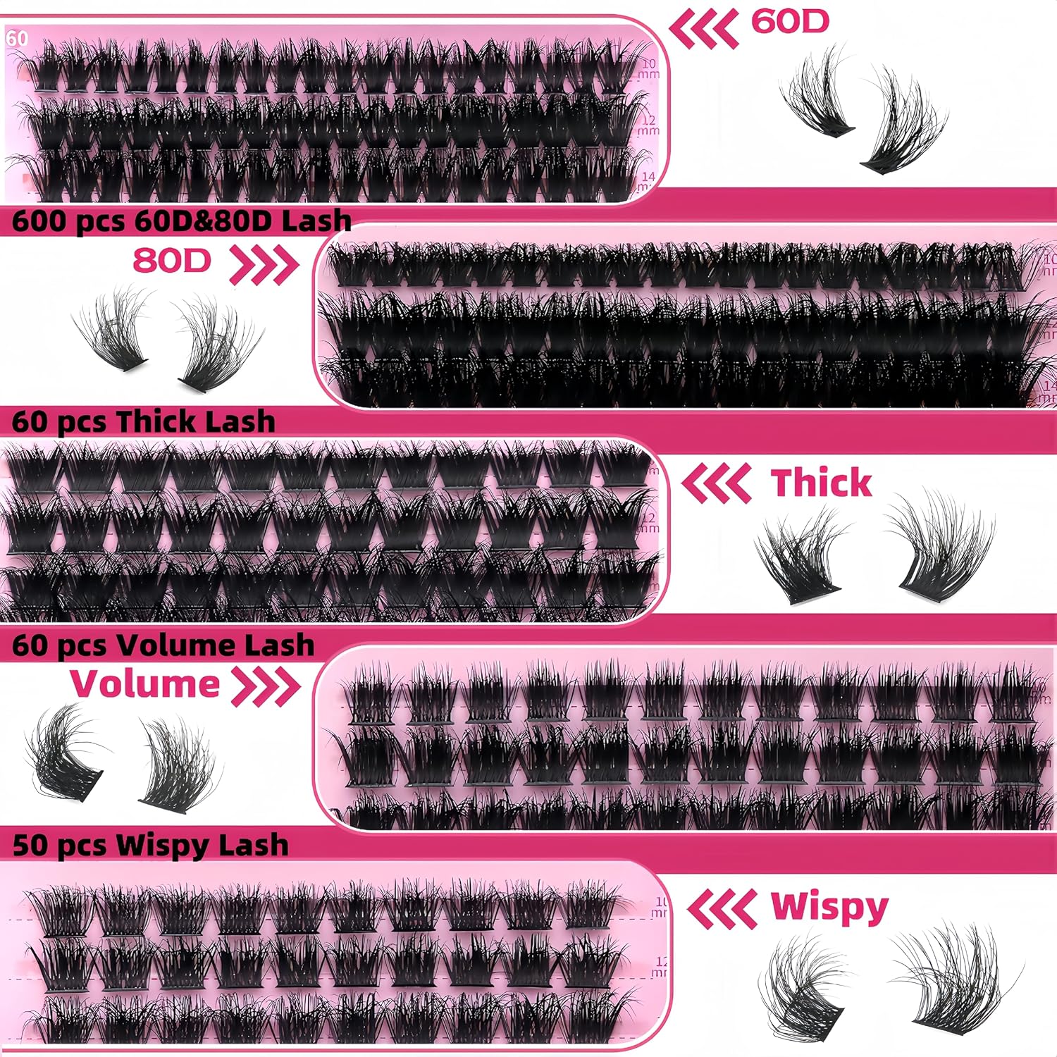 Volume Lashes Clusters Lash Kit Gift Packs 770Pcs with 2X Bond&Seal 5 style Mixed C-Curl False Eyelashes Extensions Faux Mink Individual Lash Wholesale Pack DIY Individual Fake Eyelashes Box-GlimoraGlow