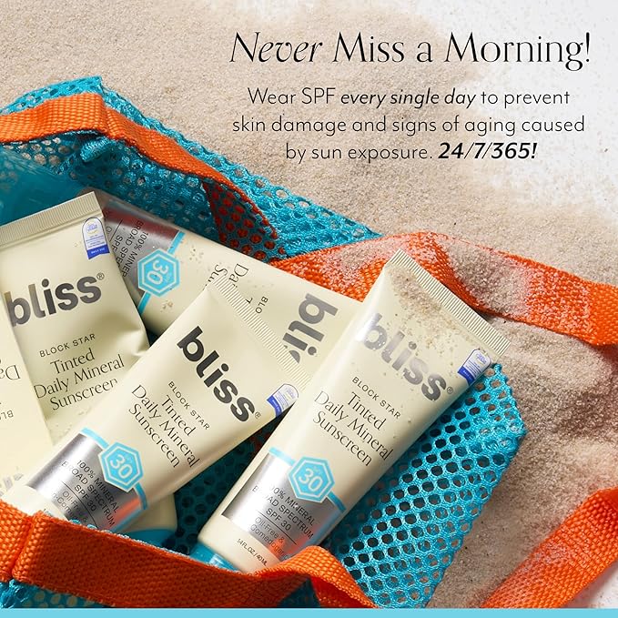 Bliss Block Star SPF 30 Daily Tinted Mineral Sunscreen with Zinc Oxide - All Skin Tones - 100% Mineral Broad Spectrum Sunscreen with Titanium Dioxide & Antioxidant Blend- 1.4 fl oz.-GlimoraGlow