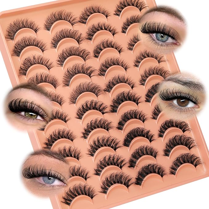 JIMIRE False Eyelashes 4 Styles Mixed Demi Wispies Cat Eye Lashes Mink Lashes Fluffy D Curl Russian Strip Lashes Natural Look Fake Lashes Pestañas 20 Pairs Pack-GlimoraGlow