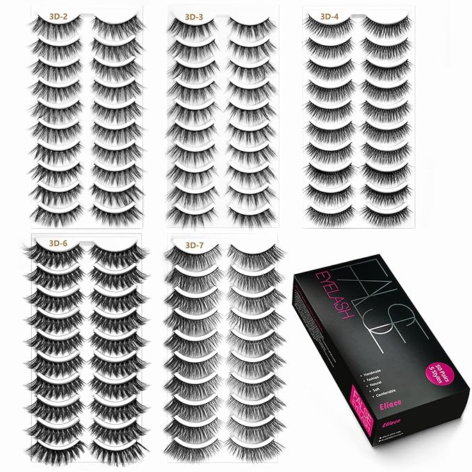 Eliace Eyelashes, (50 Pairs,5 Styles) Luxurious Faux Mink Lashes Natural Look Wispy Fluffy Handmade Cat Eye False Lash Pack, False Eyelashes Set, Fake Lashes Strips, Makeup Fake Eyelashes Pack-GlimoraGlow