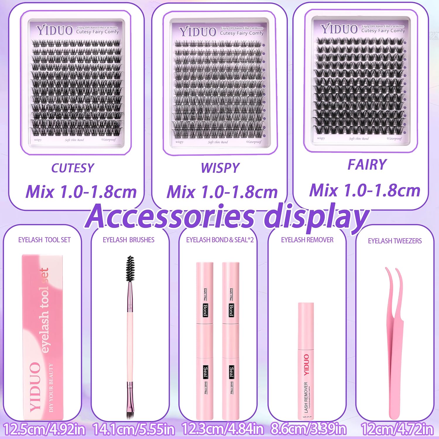 YlDUO Lashes Clusters Kit Gift Packs Natural False Eyelashes Extensions C/D Curl Wispy Individual Fake Eyelash, DIY Natural Extension Lash with Glue*2|Tweezers|Removers|Eyelash&Eyebrow Brush-GlimoraGlow