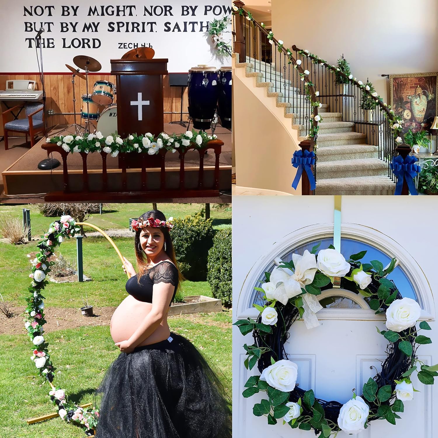 UKELER 2 Pack 14FT Artificial Rose Vines White Flower Garland Artificial Rose Flowers with Green Leaves Floral Plant for Wedding Arch Party Garden Craft Home Decor