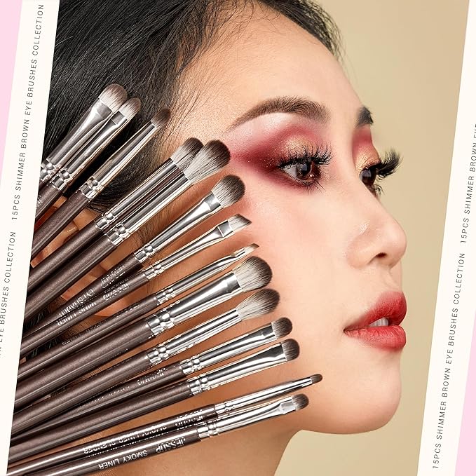 Jessup Eye Makeup Brushes Set Professional 15pcs Brown Eyeshadow Brush Eyebrow Concealer Eyeliner Blending Brush for Makeup Premium Synthetic Eye Brush Set, T499-GlimoraGlow