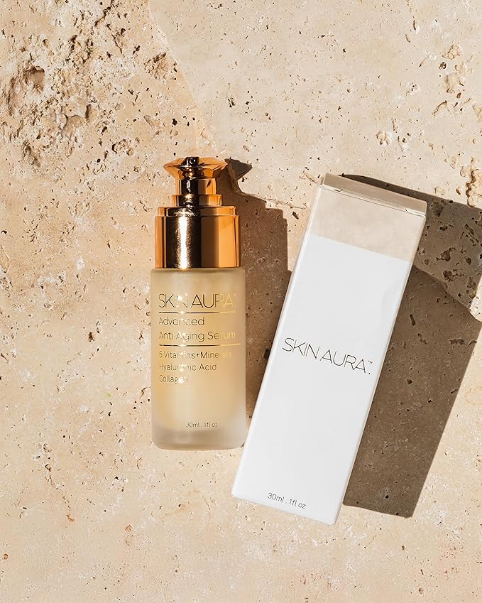 SKIN AURA Advanced Anti-Aging Serum - All-In-One Formula Visibly Improves Wrinkles, Fine Lines & Age Spots with 5 Vitamins + Minerals, Hyaluronic Acid & Collagen Peptides - 30ml (1oz)-GlimoraGlow