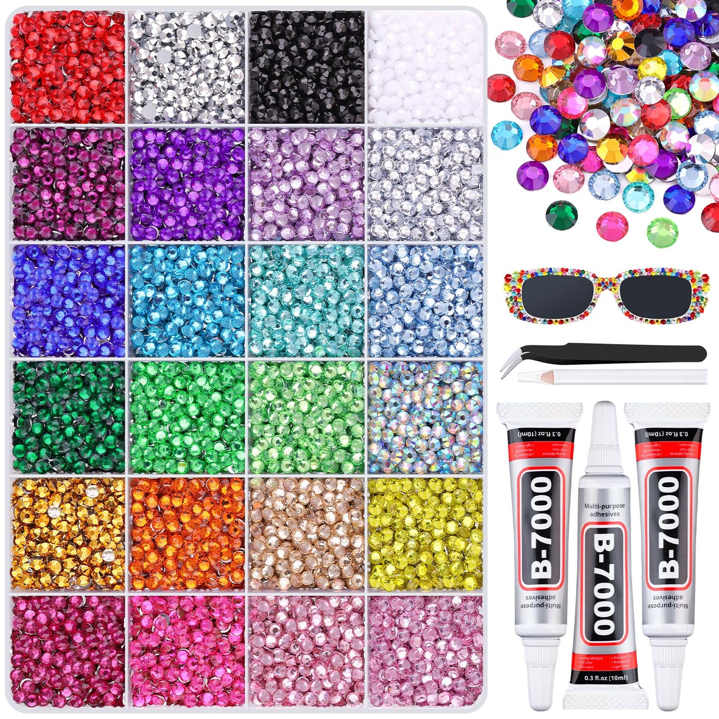 12600Pcs Resin Rhinestones with 3Pcs B7000 Jewelry Glue for Crafting, Multicolors 4mm Non Hotfix Flatback Gems, Bedazzling Crystal for DIY Crafts Clothing Tumblers Mugs Shoes Fabric Decor Nail Art-GlimoraGlow