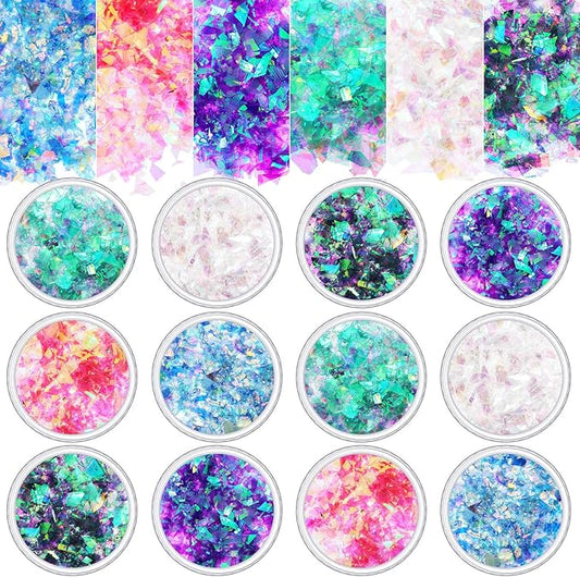 18 Boxes Mermaid Iridescent Chunky Glitter Flakes Chrome Nail Sequins Aurora Holographic Mermaid Nail Glitter Flakes Glitters Chunky Iridescent Flakes for Face Eyes Body Hair Nail Decoration-GlimoraGlow