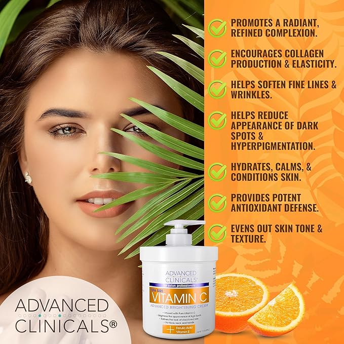 Advanced Clinicals Vitamin C Cream Face & Body Lotion Moisturizer | Anti Aging Skin Care Firming & Brightening Cream For Body, Face, Uneven Skin Tone, Wrinkles, & Sun Damaged Dry Skin, 16 Oz-GlimoraGlow