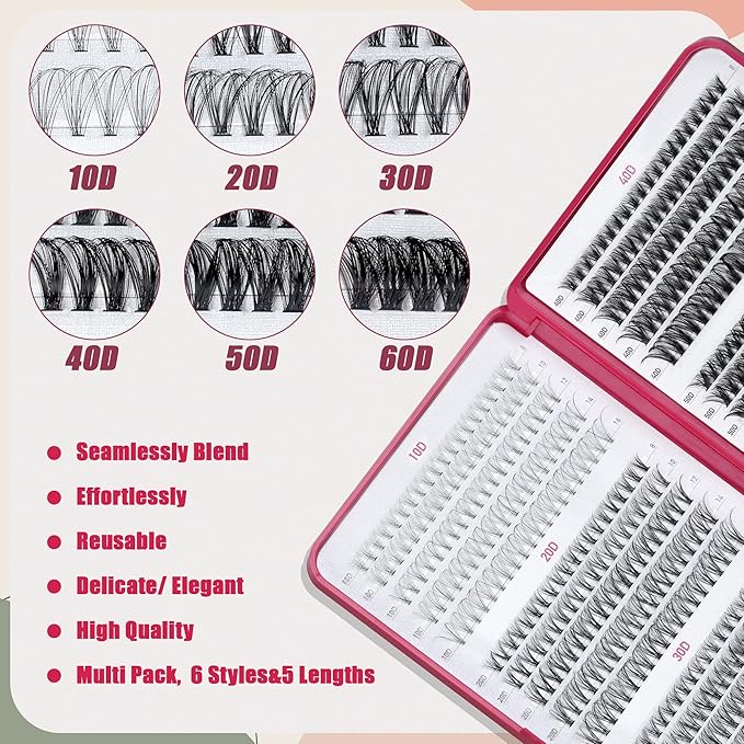 Lash Clusters 600PCS Lashes - Wispy Lash Clusters 10D 20D 30D+40D50D60D Individual Lashes Clusters D Curl Lash Extension 8-16MM Eyelash Clusters DIY Cluster Eyelash Extensions for Beginners Eyelashes-GlimoraGlow