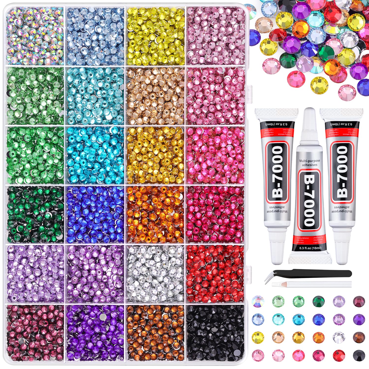 12600Pcs Resin Rhinestones for Bedazzling with Tweezers, Multicolor 4mm Rhinestones for Crafting with 3Pcs 10ml B7000 Jewelry Glue for DIY Crafts Clothing Tumblers Shoes Fabric Nail Art-GlimoraGlow