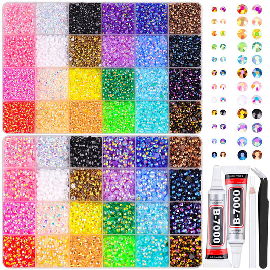 2 Boxes Jelly Rhinestones for Bedazzling, 30600Pcs 3mm & 5mm Multicolor Flatback Resin Gems for Crafting, Bedazzler Kit with 2Pcs 10ml B7000 Jewelry Glue for DIY Crafts Book Fabric Decor Nail Art-GlimoraGlow