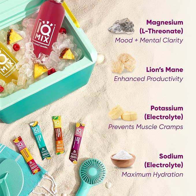 IQMIX Hydration Electrolyte Powder – 4-in-1 Formula for Hydration, Mental Clarity, Mood and Recovery – Sugar-Free Drink Mix, Keto, Magnesium L-Threonate, Lion’s Mane – 20 Count Vacation Variety Pack-GlimoraGlow
