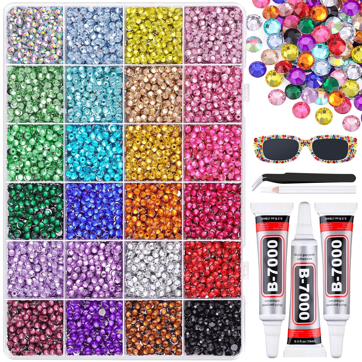 12600Pcs Resin Rhinestones for Bedazzling with 3Pcs B7000 Jewelry Glue, Multicolor 4mm Flatback Gems Rhinestones for Crafting, Clothing Tumblers Mugs Shoes Fabric Decor Nail Art-GlimoraGlow