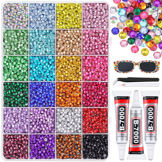 12600Pcs Resin Rhinestones for Bedazzling with 3Pcs B7000 Jewelry Glue, Multicolor 4mm Flatback Gems Rhinestones for Crafting, Clothing Tumblers Mugs Shoes Fabric Decor Nail Art-GlimoraGlow