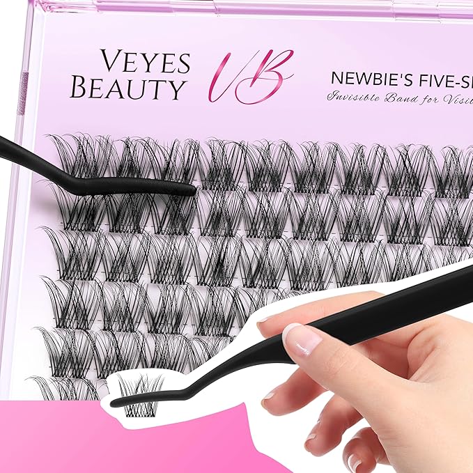 VEYESBEAUTY Lash Clusters Individual Eyelash Extensions Thin & Invisible Band DIY False Eyelashes for Self-application Newbie's Five-Second Series Wispy Lash Tray, LuxeBold 14mm Single Length-GlimoraGlow