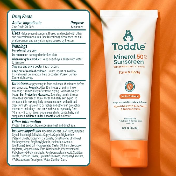 Prebiotic Mineral Sunscreen SPF 50 for Kids & Baby, Face & Body Sun Protection, Reef Safe, Non-Toxic Zinc Oxide Broad Spectrum, Water-Resistant, No White Cast, Travel Size 1.7oz-GlimoraGlow