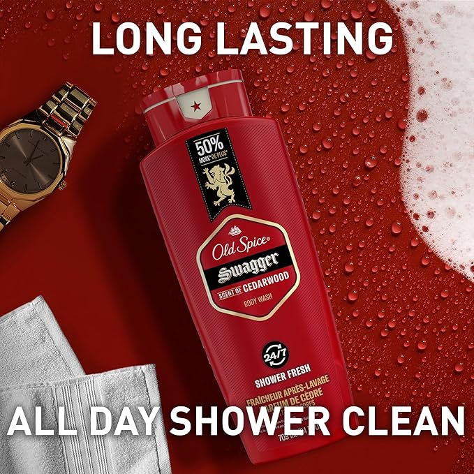 Old Spice Body Wash for Men, 24/7 Shower Fresh with Lasting Scent, Red Collection, Swagger with Cedarwood Scent, 24 fl oz (Pack of 2)-GlimoraGlow