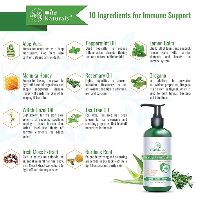 Pure Aloe Vera Gel Hand Cleaner - 100% Aloe Vera Gel Organic with Manuka Honey, Witch Hazel, Peppermint, Oregano, Rosemary, & Cleansing Tea Tree - Organic Waterless Purifying Wash-GlimoraGlow
