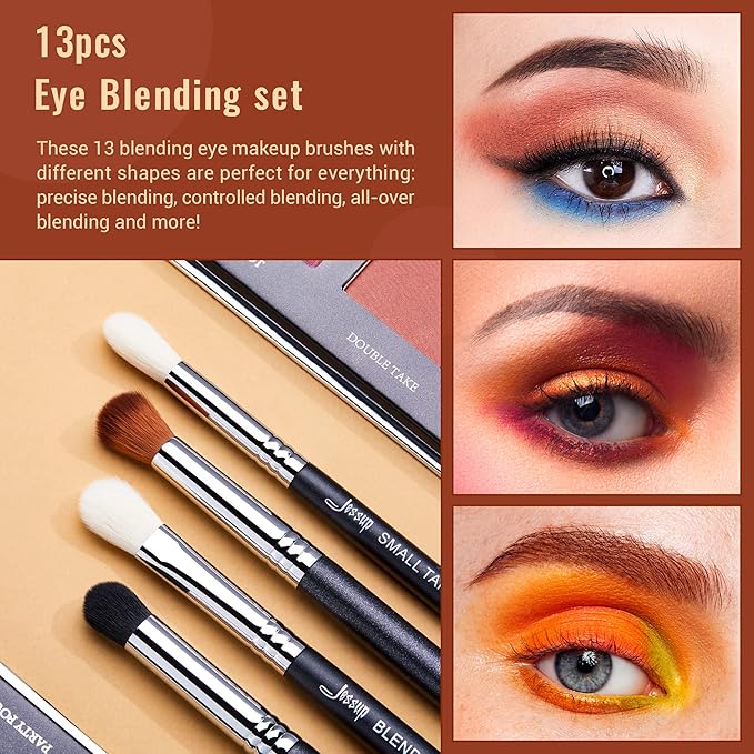 Jessup Eye Makeup Brushes Set Professional Blending Brush for Makeup Eyeshadow 13pcs Premium Synthetic Blender Brush Makeup Black T338-GlimoraGlow
