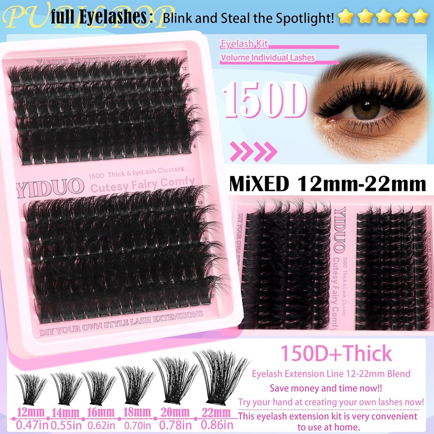 575Pcs Bulk Pack Lashes Clusters Kit with Glue and Removers, D Curl Volume 150D+200D+Spiky Lashes Clusters, 12-21mm Manga Extension Eyelashes DIY Individual False Eyelash Wholesale Pack-GlimoraGlow